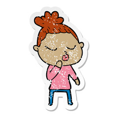 distressed sticker of a cartoon calm woman