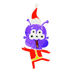 happy retro cartoon of a alien dancing wearing santa hat