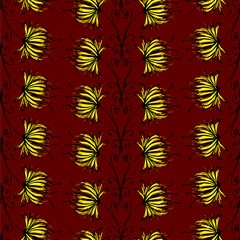 abstract floral ornament of black and gold colors over a dark red color