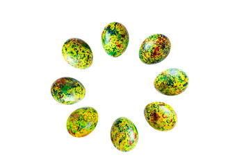 Easter painted yellow eggs with an abstract pattern. White isolate