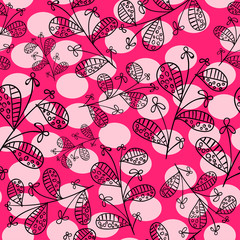 Floral ornament drawn in black on a pink background with light dots 