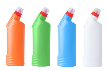 Household chemicals. Four multi-colored bottle. White isolate