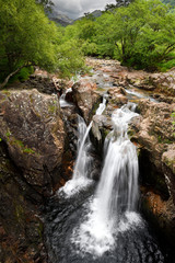 Lower Falls on the Water of Nevis river in Glen Nevis valley at Achriabhach Scottish Highlands Scotland UK