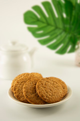 Oat Cookies and coffee breakfast, or coffee break. Oatmeal healthy biscuits. Green monstera, plam leaves. Copy space. Bright background. Food.