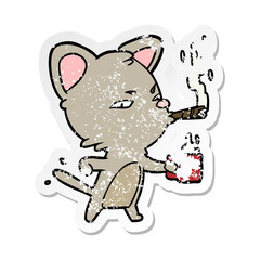 distressed sticker of a cartoon cat with coffee and cigar