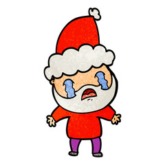 textured cartoon of a bearded man crying wearing santa hat