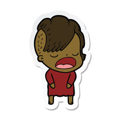 sticker of a cartoon cool hipster girl talking