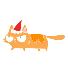 flat color illustration of a angry cat wearing santa hat