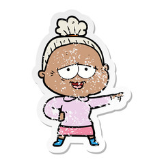 distressed sticker of a cartoon happy old lady