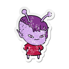 distressed sticker of a cute cartoon alien girl