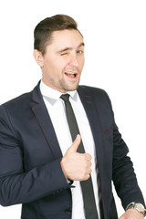 You gonna do great. Half length portrait of a happy businessman showing thumbs up