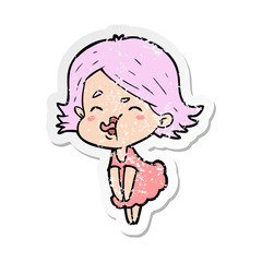 distressed sticker of a cartoon girl pulling face