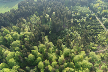 Naklejka na ściany i meble Wald-Landschaft im bayerischen Voralpenland - Luftbild