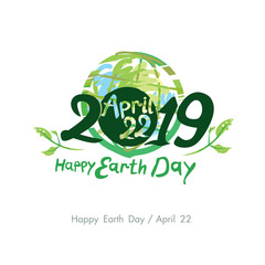 Happy Earth Day. 22 April. 2019. Painted planet and handwritten template. Vector illustration.