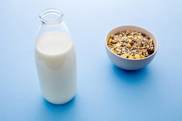 Muesli and milk breakfast.