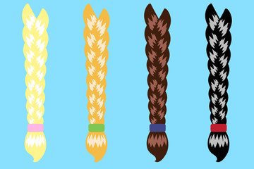 Long female braids on a blue background. Vector illustration.
