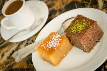 traditional Turkish red black tea tulip glass green flowers sweet dessert afternoon tea break