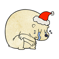 crying textured cartoon of a polar bear wearing santa hat