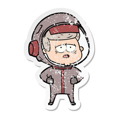 distressed sticker of a cartoon tired astronaut