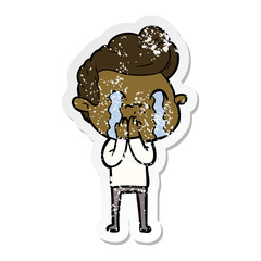 distressed sticker of a cartoon man crying