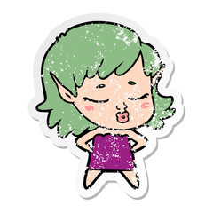 distressed sticker of a pretty cartoon elf girl