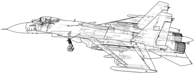 Fighter jet. Vector wireframe concept. Blue purple. Created illustration of 3d.
