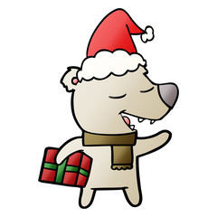 gradient cartoon of a bear with present wearing santa hat