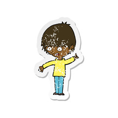 retro distressed sticker of a cartoon boy with question