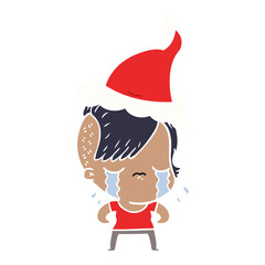 flat color illustration of a crying girl wearing santa hat