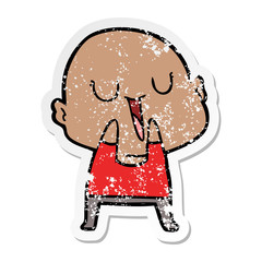 distressed sticker of a happy cartoon bald man