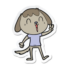 sticker of a happy cartoon dog giving peace sign