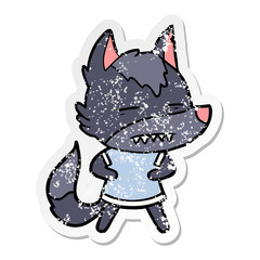 distressed sticker of a cartoon wolf showing teeth