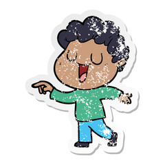 distressed sticker of a laughing cartoon man pointing