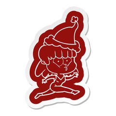 cartoon  sticker of a woman running wearing santa hat