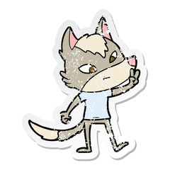 distressed sticker of a friendly cartoon wolf giving peace sign