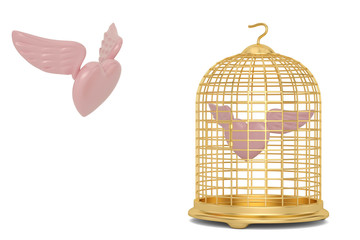 Flying heart and birdcage isolated on white background. 3D illustration.