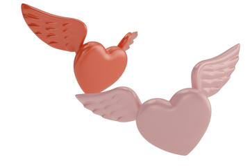 Flying hearts with wings valentine a day or romantic love. 3D illustration.