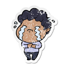 distressed sticker of a cartoon man crying