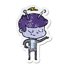 distressed sticker of a friendly cartoon spaceman