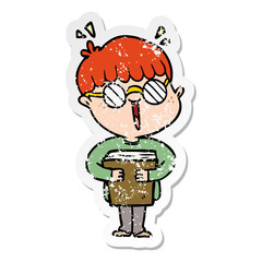 distressed sticker of a cartoon boy and book