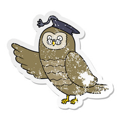 distressed sticker of a cartoon owl graduate