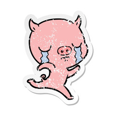distressed sticker of a cartoon running pig crying