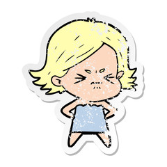 distressed sticker of a cartoon angry girl