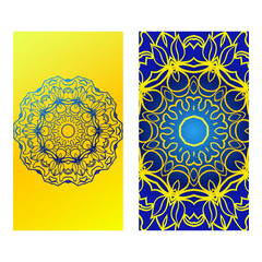 Ethnic Mandala Ornament. Templates With Mandalas. Vector Illustration For Congratulation Or Invitation. The Front And Rear Side. yELLOW BLUE COLOR