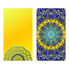 Ethnic Mandala Ornament. Templates With Mandalas. Vector Illustration For Congratulation Or Invitation. The Front And Rear Side. yELLOW BLUE COLOR