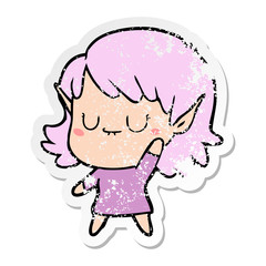 distressed sticker of a happy cartoon elf girl
