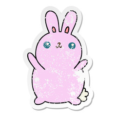 distressed sticker of a quirky hand drawn cartoon rabbit