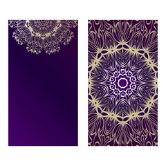 Vintage Cards With Floral Mandala Pattern. Vector Template. The Front And Rear Side. Luxury purple gold color