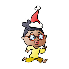 gradient cartoon of a woman wearing spectacles wearing santa hat