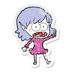 distressed sticker of a cartoon shocked elf girl